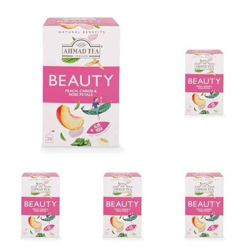 Ahmad Tea Natural Benefit Tea | Peach, Carob & Rose Petals Beauty Infusion | 20 Teabag Sachets | 5 Pack