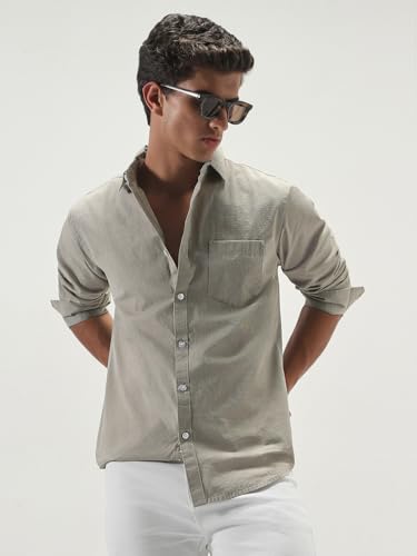 Image of Urbano Fashion Men's Cotton Full Sleeve Regular Fit Casual Solid Slub Shirt with Spread Collar