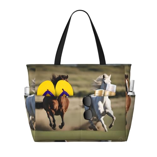 Running Horses Extra Large Tote Bag For Women,Foldable Beach Bag With Pocket Weekender Travel Overnight Bag