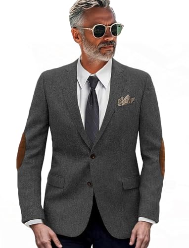 VENNYNG Men's Tweed Jacket with Elbow Paths Single Breasted Blazer Vintage Coat Tailored Fit Two-Buttons