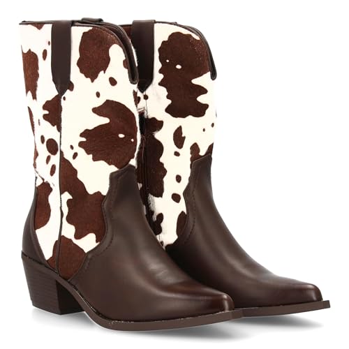 96400 Botin campero con Estampado Animal, Diseno de Vaca, Punta Fina, Tacon Comodo y Cierre de Cremallera. Ideal para Mujer en la Temporada Otono Invierno. Marron Talla 40