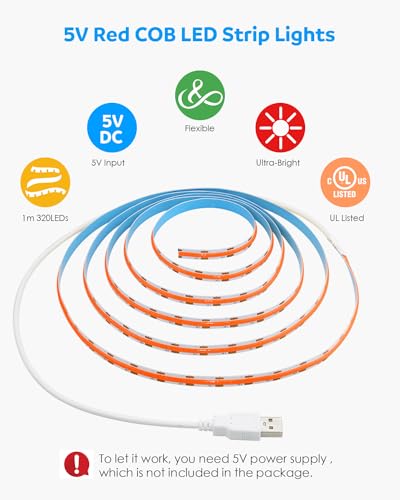 Aclorol Fita de LED COB 5V alimentada por USB COB luz de LED vermelha 3,28FT 320Leds CRI85+ Faixa de