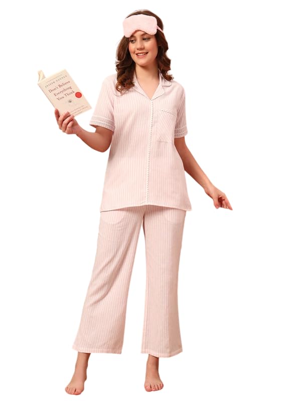 ameerah Women’s Striped Cotton Night Suit Set | Half Sleeve Shirt with Lace Detail & Pyjama | Soft, Breathable & Stylish Co-ord Sleepwear for Women & Girls-picture-18