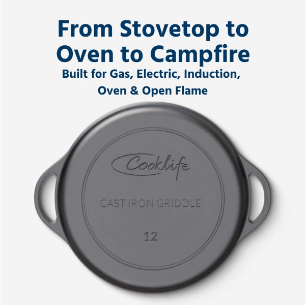 COOKLIFE 12 Inch Lightweight Pre-Seasoned Cast Iron Griddle with Cleaning Kit - Smooth Polished Surface, Easy to Clean Cast Iron skillets Use in the Oven, on the Stove or Grill, Over a Campfire