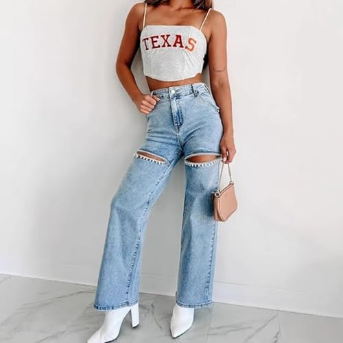 Women's high Waist Loose Stretch Ripped Jeans Rhinestone Trim Shiny Wide Leg Straight Jeans2