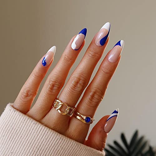 French Press on Nails Medium Length Blue White Acrylic Almond Press on Nails, Artificial Fake Nails with Glue Full Cover Nails Tips Stick on Nails for Women Nail Art Salon 24PCS