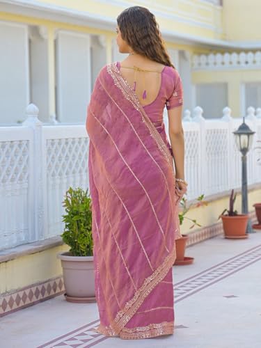 Image of Satrani Women's Shimmer Chiffon Scalloped Border Sequins Embroidery Saree with Unstitched Blouse Piece