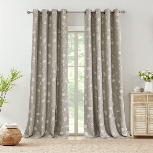West Lake Khaki Tan White Leaf Jacquard Curtain 2 Panels Heavy Linen Textured Room Darkening With Branches Pattern Grommet Top Window Treatment For Living Room/Bedroom,50"X84"X2 #TOP7
