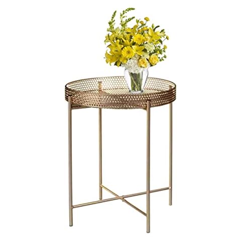 PaMeer Modern Style Gold Coffee Table, Tray Table, Living Room Tables, Round Side Table, Metal Bedside Table With Removable Top Tray & Beautiful Perforated Raised Edges_ 45.5 x 6.4 x 47.3 Cm Cover