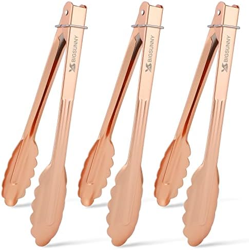 MSY BIGSUNNY 9 Inch Kitchen Food Tongs for Cooking and Serving Stainless Steel Tongs- Aluminum - Set of 3 (pink gold)