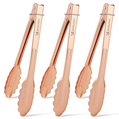 MSY BIGSUNNY 9 Inch Kitchen Food Tongs for Cooking and Serving Stainless Steel Tongs- Aluminum - Set of 3 (pink gold)