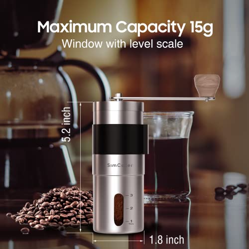 Simcoker Manual Coffee Grinder Ceramic Burrs Hand Coffee Grinder 304 Stainless Steel Compact Size, Includes Cleaning Brush, Storage Pouch #TOP6