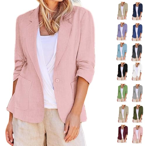 Women Cotton Linen Blazer Summer Lightweight Button 3/4 Sleeve Cardigan Business Casual Suit Jacket with Pockets