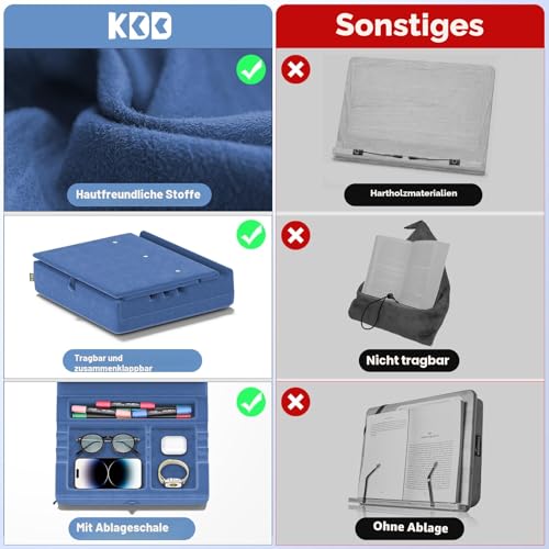 KDD Buchständer Bett Kissen mit Aufbewahrung, Faltbare Buchhalter Leseständer & Buchkissen für Schoß Bett Küche Tisch Kinder, Tablet Kissen Halter für Buch Tablet Handy E-Reader Buch Zubehör, Blau
