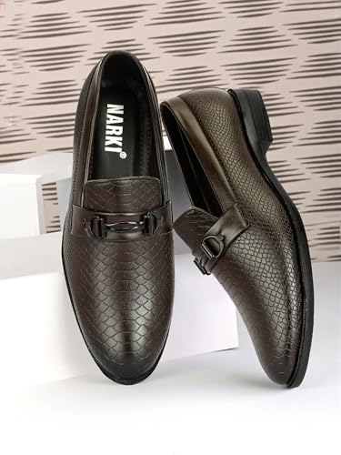 Image of NARKI Men's Tan Formal Loafers - Stylish Slip-On Synthetic Leather Dress Shoes | Textured Office Wear Shoes for Men