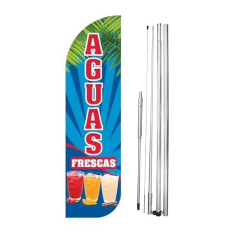 Aguas Frescas King Flag with Pole Set |12 ftx3ft | Mexican Drink Sign With Complete Hybrid Pole Set | Outdoor Advertising Banner for Mexican Food Trucks, Vendors & Stands | Weather Resistant | Durable Signage|