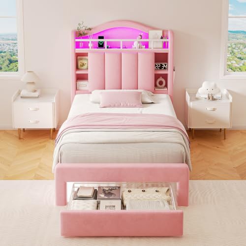 Kids LED Bed Frame with Storage Headboard & 2 Storage Drawers (Twin&Pink) by Jocoevol - Used condition - Image 9