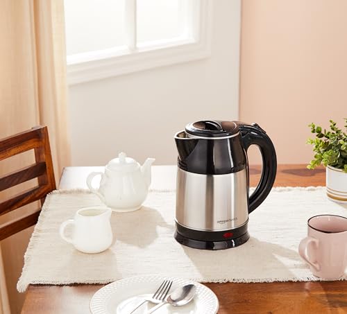 Amazon Basics Electric Kettle 1400 Watts 1.8 litres with Auto-Shut Off | Stainless Steel Inner Body with Cool-Touch Handle and lid | Swivel-Base, Power Indicator (Black and Silver)