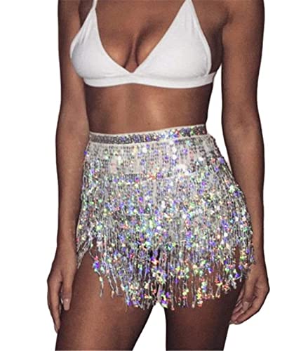 Women Sequin Tassel Tutu Skirt Rave Fringe Belly Dance Hip Scarf Wrap Skirt Club Mini Skirt Silver