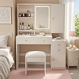 Vabches Tocador Blanco con Espejo de Maquillaje LED,4 cajones / 2 Puertas y estantes Abiertos - Tocador Moderno para...