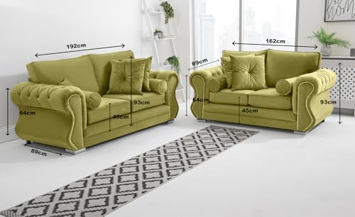 Sofahub Falcon Grey Plush Velvet Sofa – Diamond Studded Arms – Foam Seat Cushions – Button Tufted Detailing – 2 Seater, 3 Seater, 3+2 Set, Armchair & Corner Sofa Options (Grey, 3 Seater) - Image 3