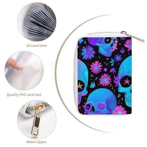 Portable Slim Wallet for Men Women, Pu Leather Credit Card Holder with 20 Slots Neon Purple Flowers Floral Skull Card Coin Organizer Bag4