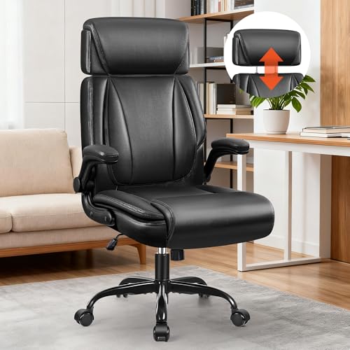 BestGlory Leather Office Chair with Flip-Up Armrests, Ergonomic Desk Chair with Lumbar Support, Big...