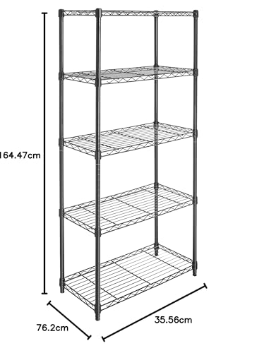 Amazon Basics 5-Shelf Medium Storage Unit on 4-inch Casters with Height Adjustable Shelves and Levelling Feet - 680kg Max Weight, Black, 76.2 cm D x 35.6 cm W x 164.5 cm H
