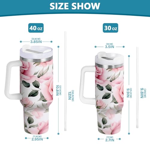SUABO 40oz Stainless Steel Insulated Tumbler With Handle And Lid Straw Travel Mug Thermal Cup Rose Pink Flower by SUABO - Used condition - Image 3