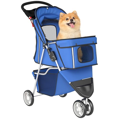 PawHut Passeggino per Cani Piccoli Pieghevole, Carrozzina per Cani con Ruote con Freni, Portabicchieri, Cestino Portaoggetti e Imbottitura Rimovibile e Lavabile, per Animali fino 10 kg, Blu