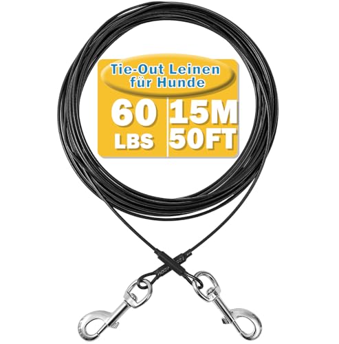 Mi Metty Tie-Out Leinen für Hunde,15m Kausichere Hundeleinen,Tie Out Cables Hofleine für Kleine Hunde bis zu 60 Pfund (Schwarz, 50ft(15M))