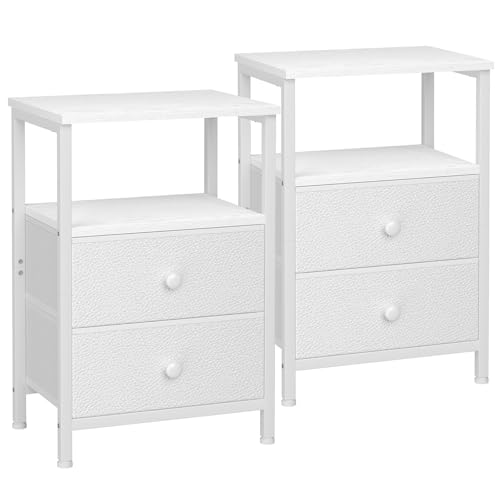 LOAKEKEL Night Stand Set 2, Bed Side Table with 2 Fabric Drawers, Nightstand with Open Storage Shelf for Bedroom, Small End Tables Living Room, White, HETS002WP