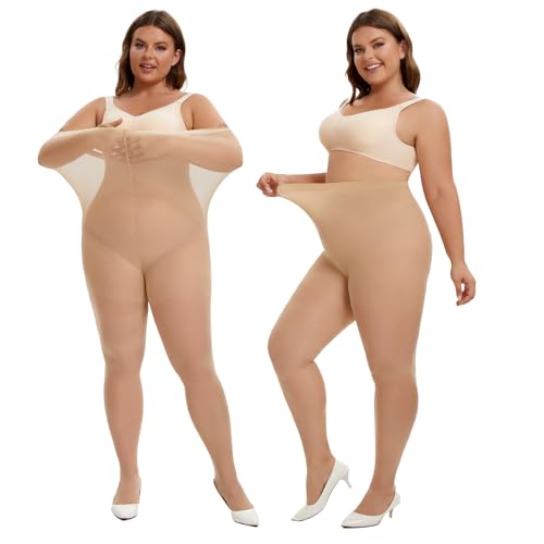 Image of YAGAXI 2 Pairs Plus Size Sheer Tights for Women - 20D Women's Control Top Pantyhose Reinforced Toe