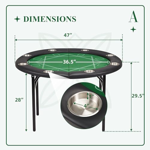 ECOTOUGE 8 Players Poker Table Foldable, Round Casino Texas Holdem Table with Stainless Steel Cup Holders & Faux Leather Padded Rails, Folding Gaming Table for Card Games, Green