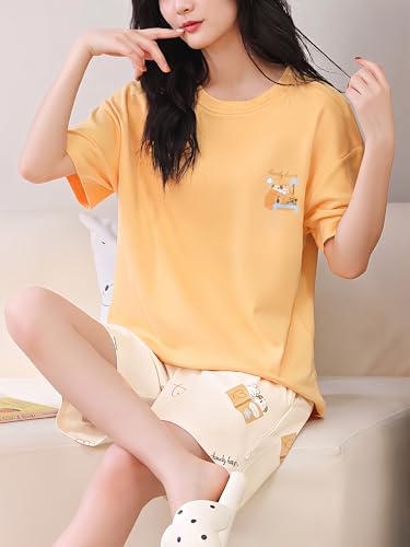 Image of Celary Korean Women's Pyjama Set|Cute Printed T-Shirt & Shorts Set|Soft Cotton Blend Women Night Suit Sleepwear| Shorts Set for Women