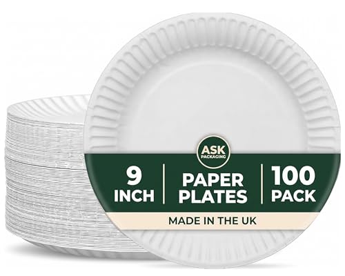 Image of Ask Packaging 100 Pack Heavy Duty Paper Plates 9 Inch 23cm | Disposable Dinner Plates | Microwave Safe Recyclable Compostable | BBQ Party Catering Picnic