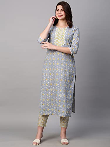 Image of GoSriKi Women's Cotton Blend Printed Straight Kurta with Pant (Mikaa Grey-Nw-GS)