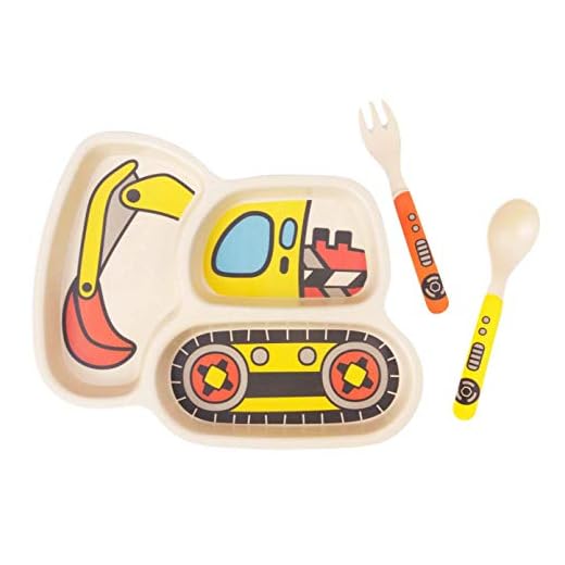 Kid Plate Set Bamboo Toddler Plates Dinnerware Dinner Dish Set Baby Feeding Spill Proof Divided Plate - Baby Spoon and fork 3-Piece Set for Kids and Toddlers Teaches Child Portion Control