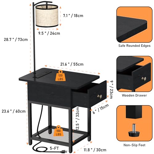 Image of runjuly Floor Lamp with Table, Side Table with LED Light and Charging Station, Narrow End Table with Lamp Attached, Nightstand with Storage Drawer for Living Room, Bedroom, Black