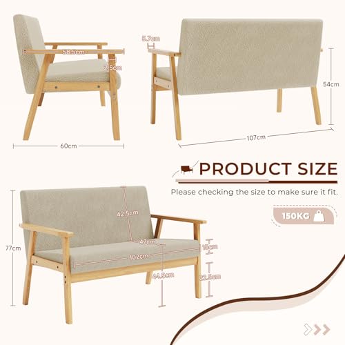 Dripex Sofa for Living Room Wood Furniture, 2 Seater Sofa Compact Loveseat Couch Lounge for Home Office, Teddy Fleece Sofa Upholstered Seat Comfortable Padded Seat for Reception Bedroom (Beige)