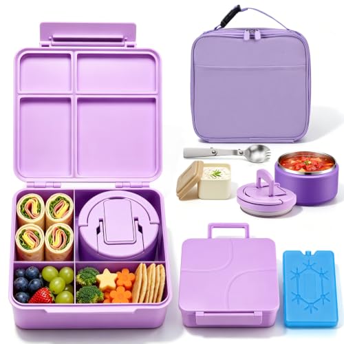 Image of Bento Lunch Box with 8oz Soup Thermo,Kids Leakproof 4 Compartment Lunch Food Containers with Sauce Cup and Ice Pack,Kids Thermo Insulated Hot Food Jar and Lunch Bag for School,Trvael-Purple