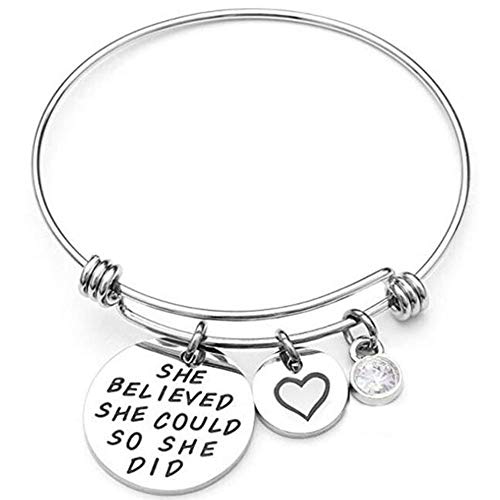 Jude Jewelers Stainless Steel Inspirational Mantra Adjustable Size Heart Charm Birthstone Graduation Bangle Bracelet (April-Cubic Zircon)