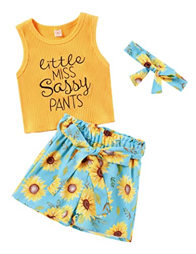 Image of Hipea Toddler Baby Girl Outfits Flower Tops Sleeveless Vest Shorts Headband Summer Clothes Set
