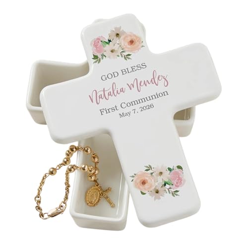 Personalization Universe Personalized Pink Floral First Communion Customizable Ceramic Cross Box - Perfect for Jewelry & Rosary Storage, Ideal 1st Communion Gift for Girls with Name & Date