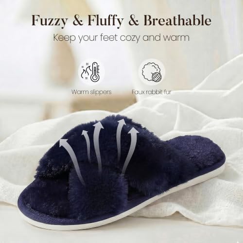 Image of Ankis Memory Foam Fuzzy Slippers for Women,Open Toe House Shoes | Faux Fur Cross Band,Indoor Outdoor Slippers, Anti-Slip, Comfy, Cozy, Fluffy, Gifts for Women, Mom Bride Bridesmaids