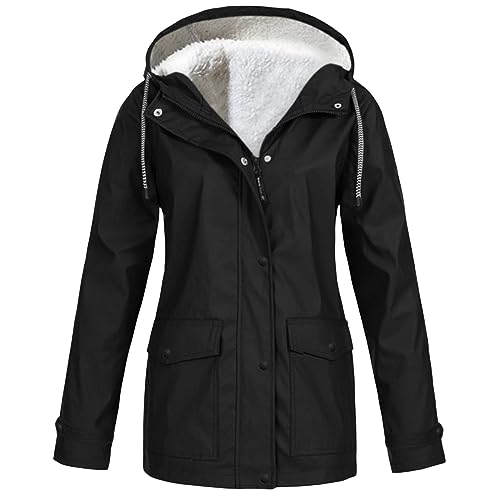 Fleece Lined Raincoat for Women Waterproof Lightweight Zip Up Hooded Jacket Winter Rain Jackets Outdoor Windbreaker