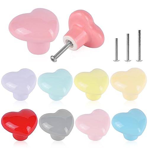 ShipeeKin 10x Colorful Cute Glossy Ceramic Knobs Love Heart Shape Lovely Door Pull Knob Cabinet Closet Ceramic Drawer Cupboard Kitchen Dresser Kids Child Bedroom Pulls Wardrobe Handles