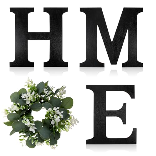 Wood Home Sign with Artificial Eucalyptus Wreath for O Farmhouse Wall Home Sign Rustic Wooden Hanging Letters Decorative Wall Art Decor for Living Room Kitchen Housewarming Couple Gifts