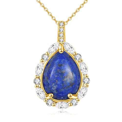 YAFEINI Lapislazuli Kette für Damen 925 Sterling Silber Gold Blau Lapis Anhänger Halskette Naturstein Tropfen Kette Schmuck Geschenk
