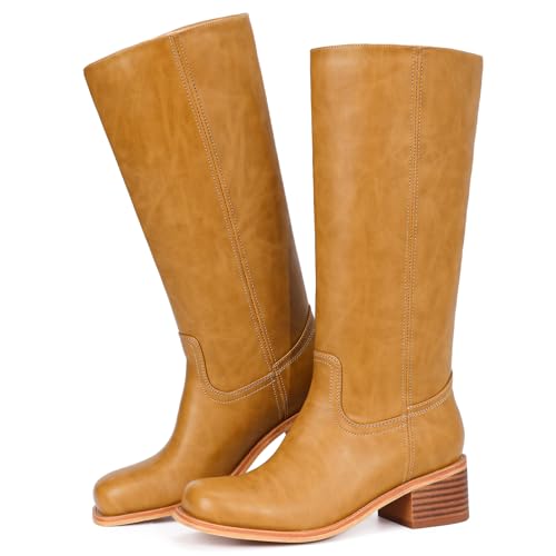 Mid Calf Boots for Women - Banana Square Toe Chunky Block Heel Calf High Boots, Comfortable Low Heel Pull On Spring Fall, Fashion Style for Dating, Dressy Everyday Chic4